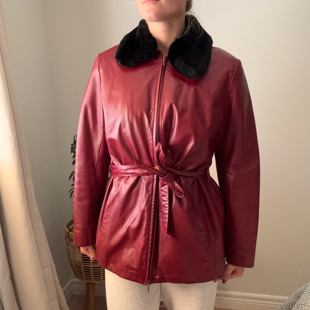 Danier Burgundy Leather Jacket with Black Collar